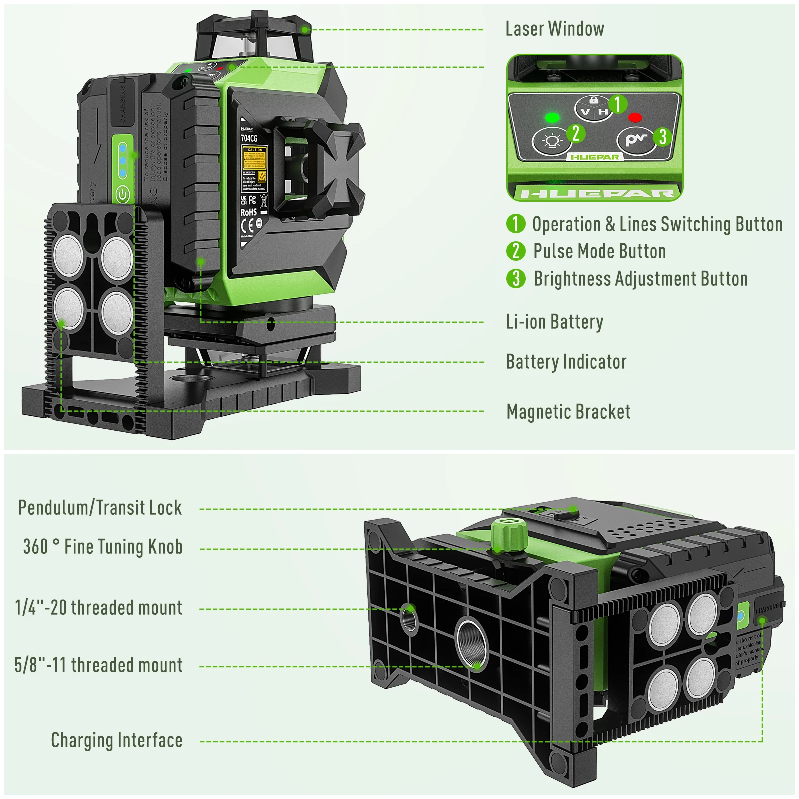 Laser Level 16 Lines 4D Green - Лазерный нивелир Huepar 704CG Digital 4D